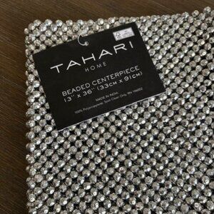 Tahari Silver Beaded 13”x36” Centerpiece Table Runner Holiday Sparkle Luxe NWT